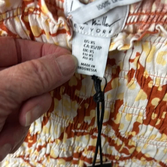 Nicole Miller NWT SZ XS Linen Orange,Cream,Yellow Sun Mini Dress w/Smocking - Picture 10 of 16